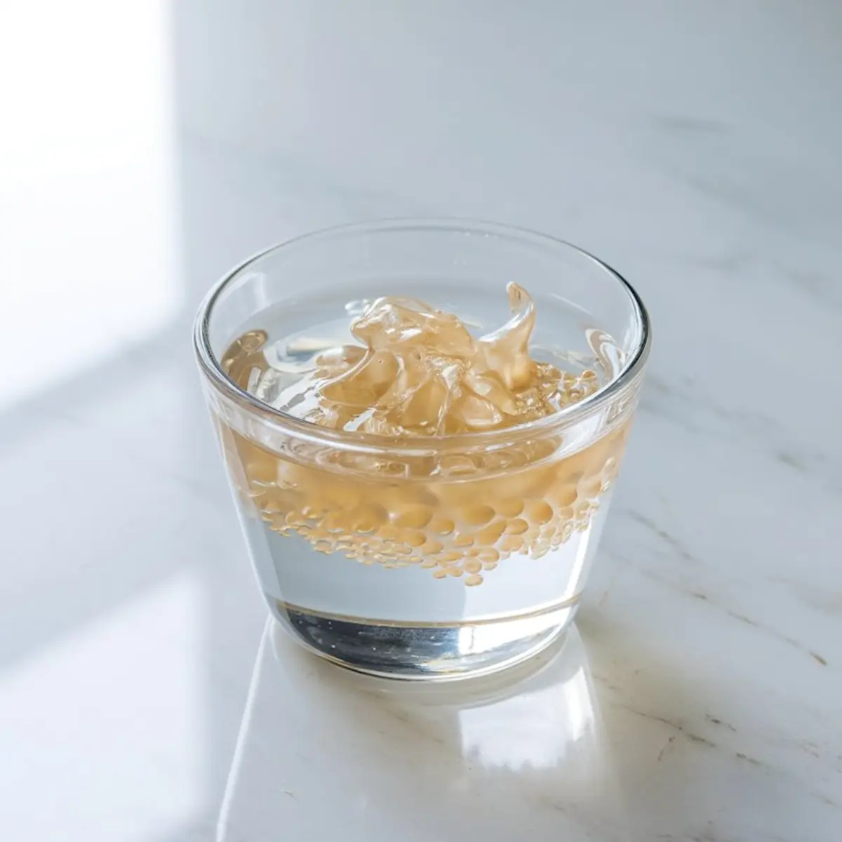 Clear glass cup showing gelatin blooming in cold water, a crucial preparation step for setting panna cotta.
