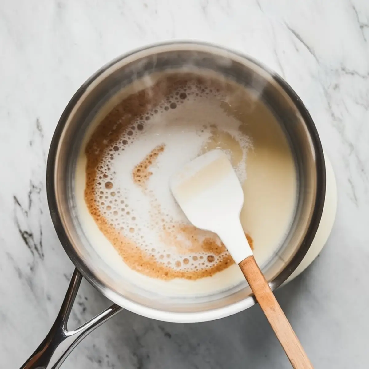 Warm milk and cream mixture being stirred in a stainless steel saucepan with a silicone spatula, an essential step in making panna cotta.
