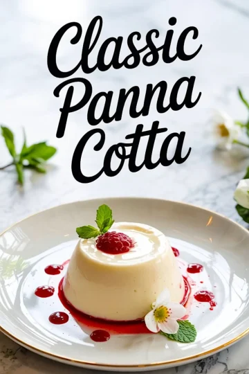Silky panna cotta topped with a single raspberry and mint, surrounded by raspberry sauce drops and garnished with a white flower on a gold-rimmed plate.