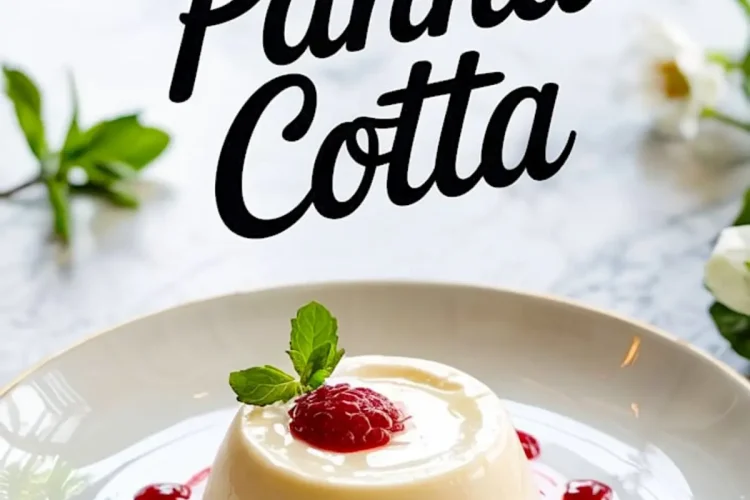 Silky panna cotta topped with a single raspberry and mint, surrounded by raspberry sauce drops and garnished with a white flower on a gold-rimmed plate.