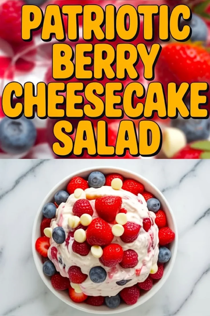 Overhead collage showing a bowl of patriotic berry cheesecake salad with whipped cream cheese, fresh strawberries, blueberries, raspberries, and white chocolate chips, styled on a white marble surface with bold title text above.
