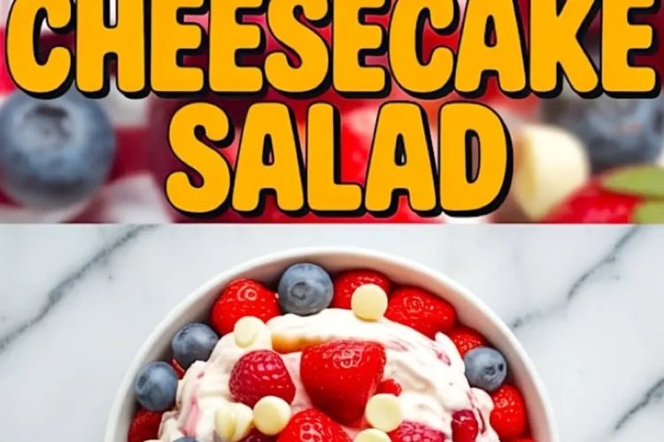 Overhead collage showing a bowl of patriotic berry cheesecake salad with whipped cream cheese, fresh strawberries, blueberries, raspberries, and white chocolate chips, styled on a white marble surface with bold title text above.