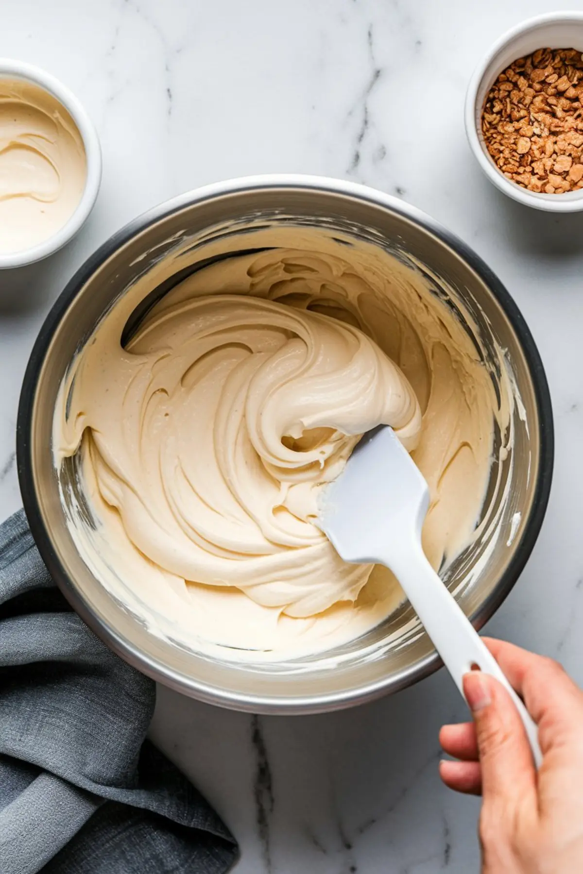 Mixing bowl with smooth beige cheesecake batter being stirred with a white spatula, surrounded by a small bowl of crispy cereal topping and a smaller bowl of reserved batter on a marble surface.