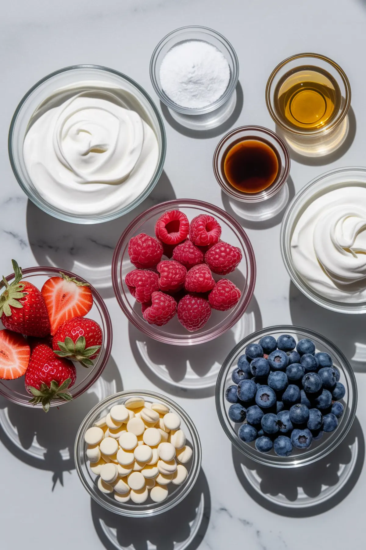 Flat lay of recipe ingredients in glass bowls including whipped cream, sour cream, strawberries, raspberries, blueberries, powdered sugar, vanilla extract, honey, and white chocolate chips, arranged on a white marble counter.