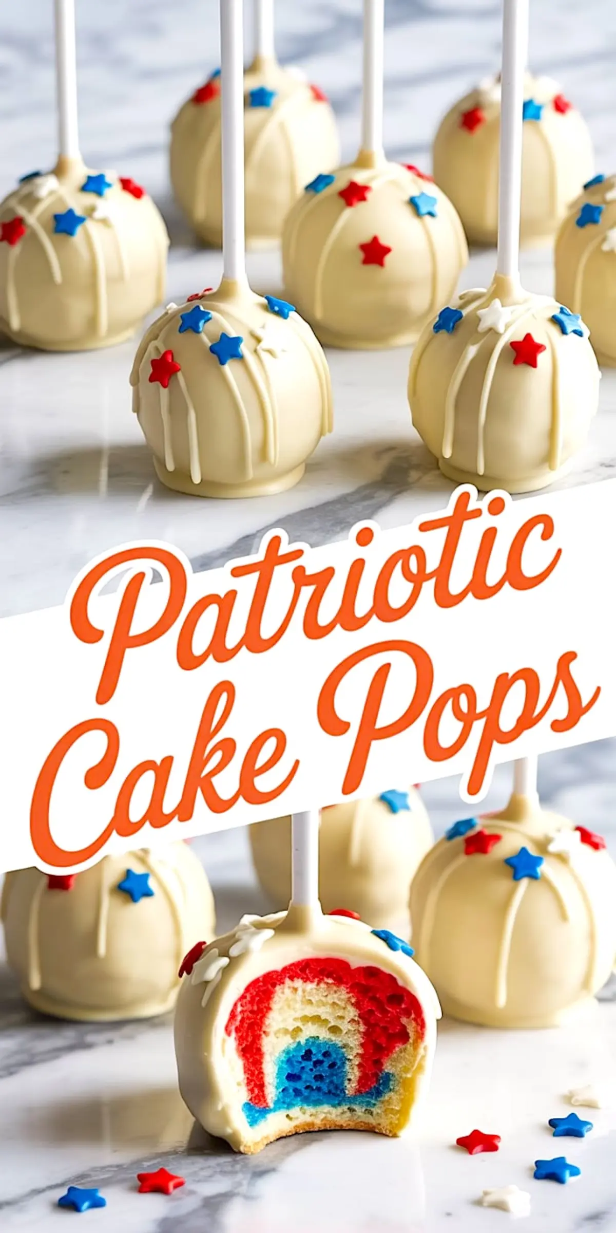 White chocolate-dipped cake pops decorated with red, white, and blue star sprinkles, with one cake pop bitten to reveal a layered red, white, and blue interior on a marble surface.