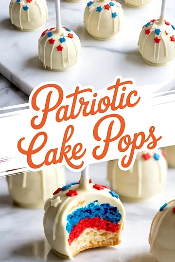 Patriotic cake pops featuring white chocolate drizzle and red, white, and blue star sprinkles, with one bitten cake pop revealing bold red, blue, and white cake layers inside.