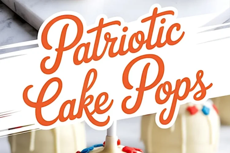 Patriotic cake pops featuring white chocolate drizzle and red, white, and blue star sprinkles, with one bitten cake pop revealing bold red, blue, and white cake layers inside.