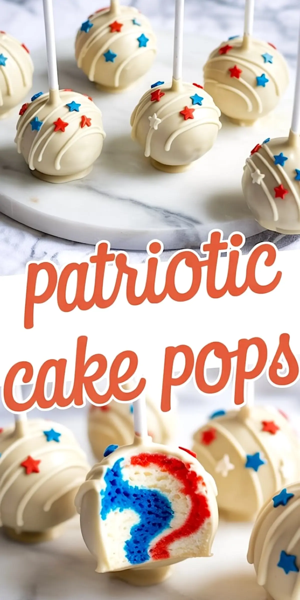 Round cake pops coated in white chocolate and topped with patriotic star sprinkles, one cut open to show a swirling red, blue, and white cake center on a white serving tray.