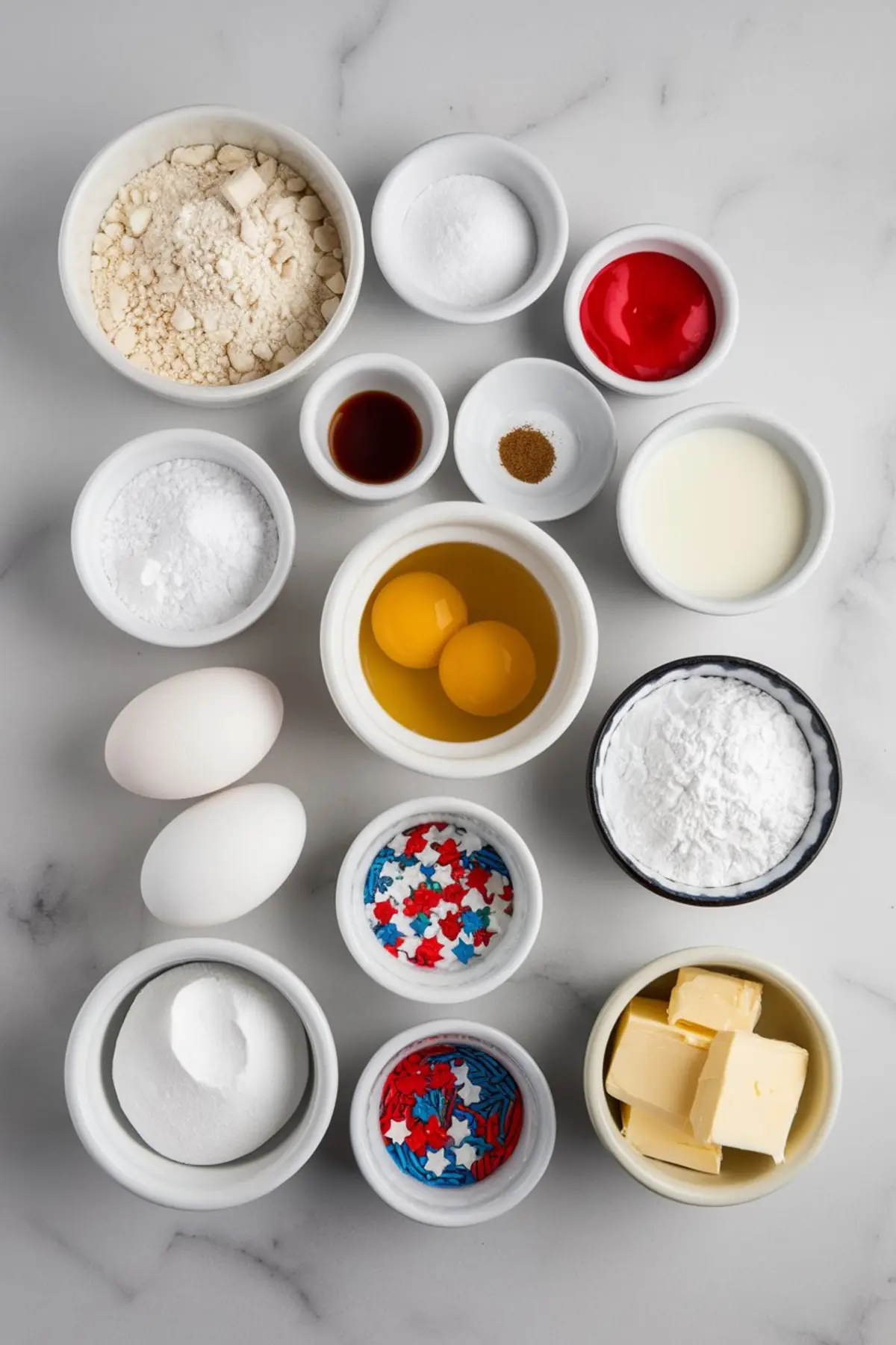 Overhead view of assorted baking ingredients in white bowls, including flour, sugar, butter, eggs, vanilla, food coloring, and red, white, and blue sprinkles on a marble surface.