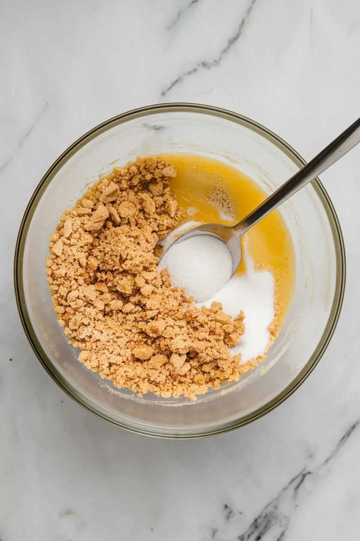Mixing bowl with melted butter, granulated sugar, and graham cracker crumbs being combined with a spoon to form the cheesecake crust base.