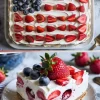 Fourth of July cheesecake topped with fresh blueberries and strawberries shaped into a flag design, shown as a whole tray and as a close-up slice on a dessert plate.