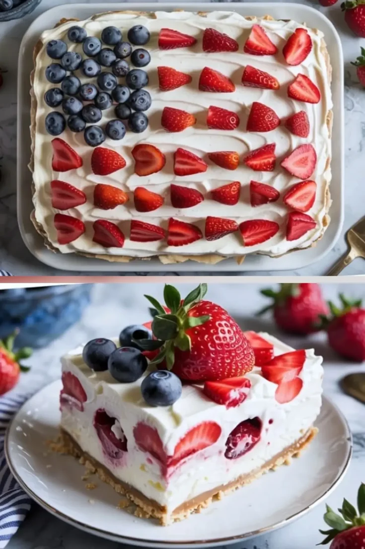 Fourth of July cheesecake topped with fresh blueberries and strawberries shaped into a flag design, shown as a whole tray and as a close-up slice on a dessert plate.