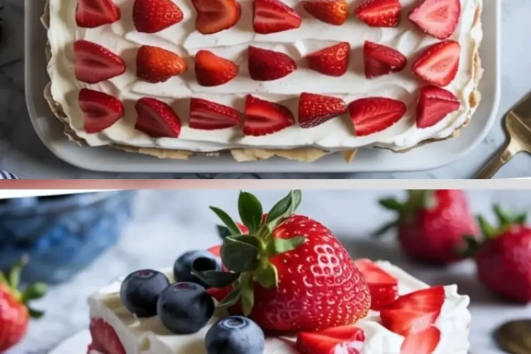 Fourth of July cheesecake topped with fresh blueberries and strawberries shaped into a flag design, shown as a whole tray and as a close-up slice on a dessert plate.