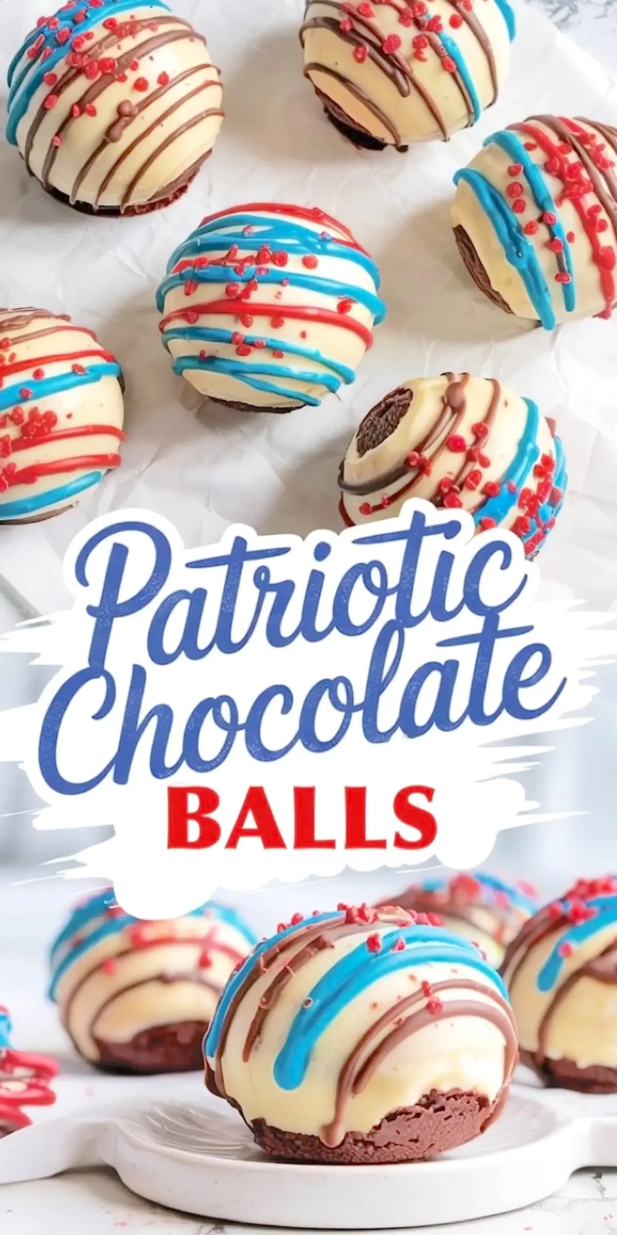 Patriotic chocolate dessert balls decorated with red, white, and blue drizzle and candy sprinkles, displayed on parchment and plated for a festive 4th of July treat.
