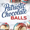 Independence Day chocolate spheres decorated with vibrant red, blue, and chocolate drizzles, styled on a white background and plated for festive dessert ideas.
