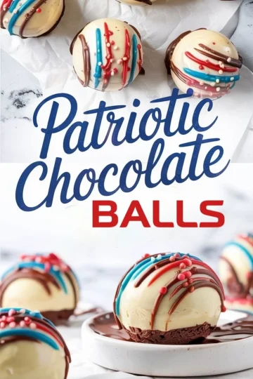 Independence Day chocolate spheres decorated with vibrant red, blue, and chocolate drizzles, styled on a white background and plated for festive dessert ideas.