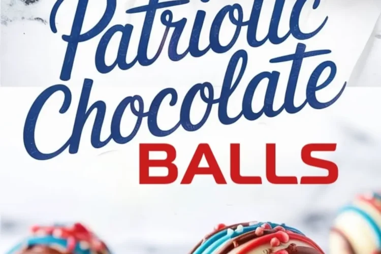 Independence Day chocolate spheres decorated with vibrant red, blue, and chocolate drizzles, styled on a white background and plated for festive dessert ideas.