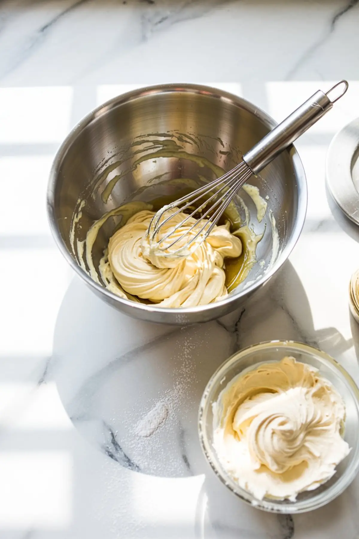 A stainless steel mixing bowl filled with whipped cream cheese mixture being whisked, accompanied by a smaller bowl of the same mixture. Light and fluffy dessert filling for no-bake layered desserts or cheesecake-inspired treats.