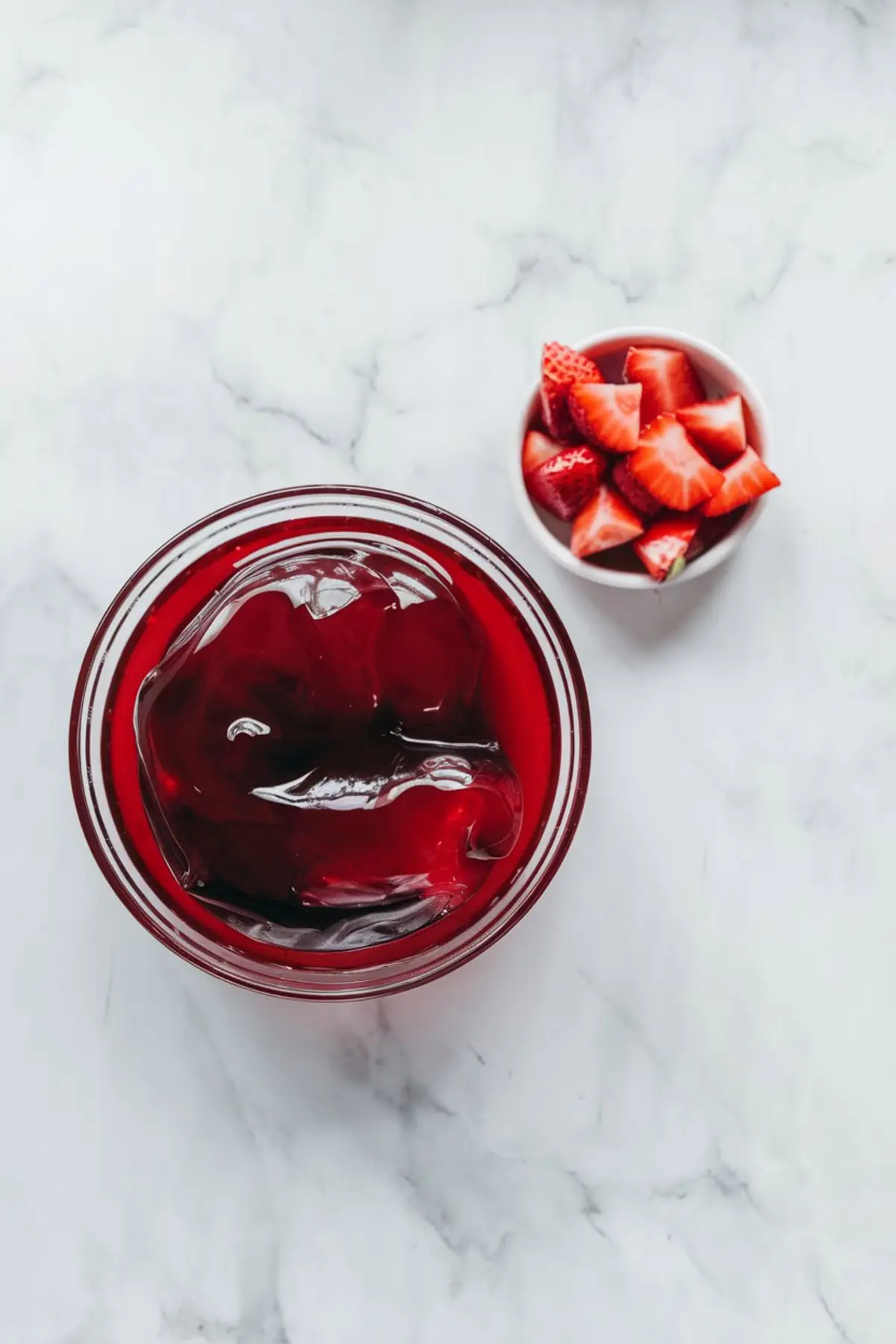 A glass bowl of red gelatin with a side dish of chopped fresh strawberries on a marble surface. A simple summer dessert component or festive layer for patriotic parfaits and berry gelatin recipes.