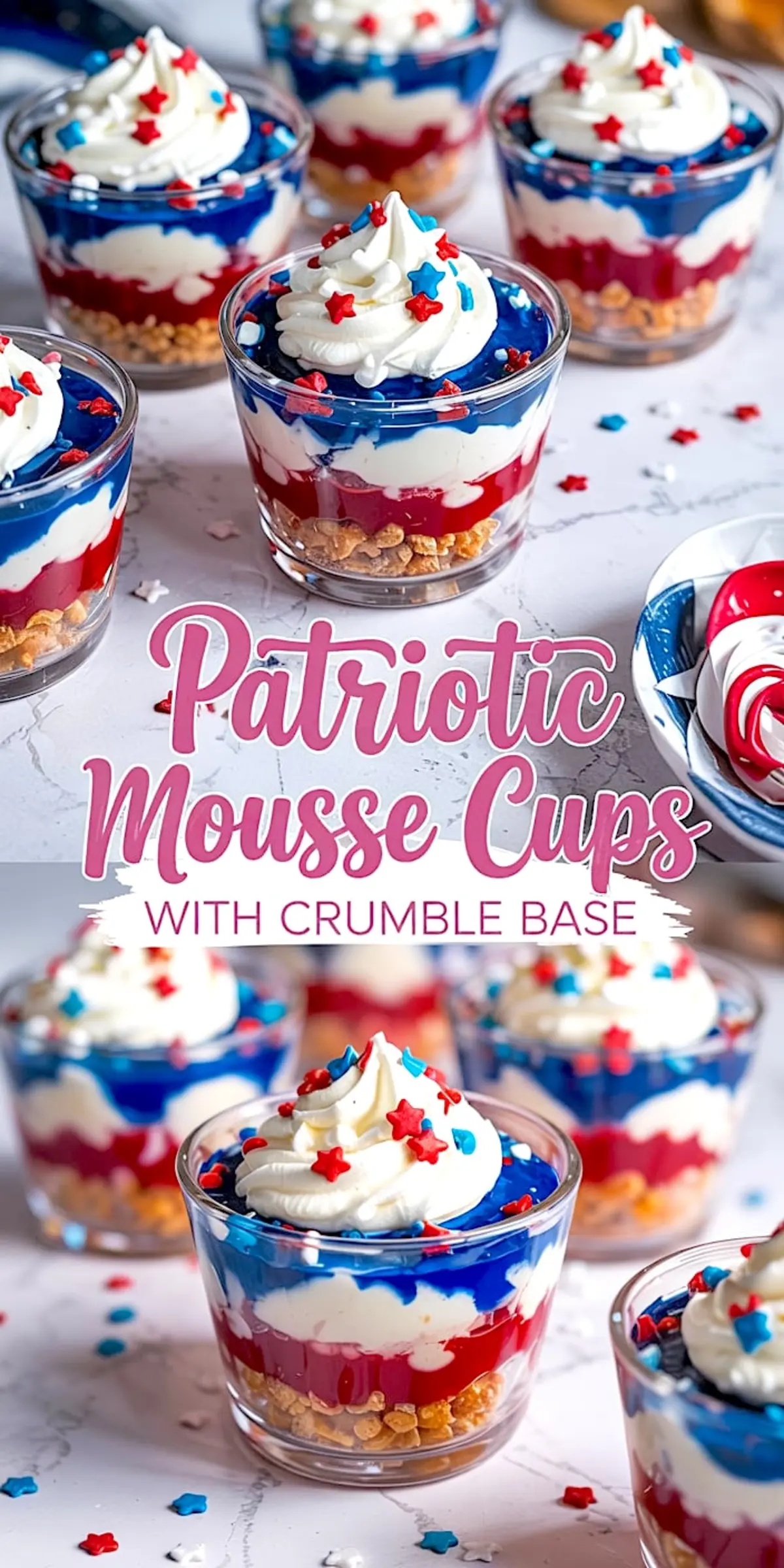 Patriotic mousse cups with layers of blue gelatin, vanilla mousse, and red fruit layer set above a cookie crumble crust, finished with whipped cream swirls and festive star sprinkles.