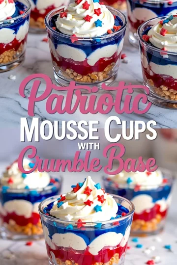 Red, white, and blue mousse cups with crunchy crumble base, each topped with whipped cream and star sprinkles, arranged on a marble surface with scattered decorative sprinkles.