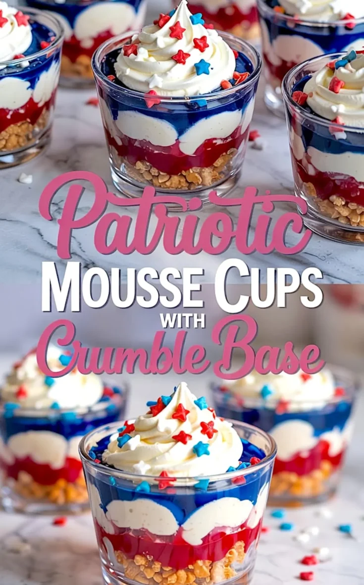 Red, white, and blue mousse cups with crunchy crumble base, each topped with whipped cream and star sprinkles, arranged on a marble surface with scattered decorative sprinkles.
