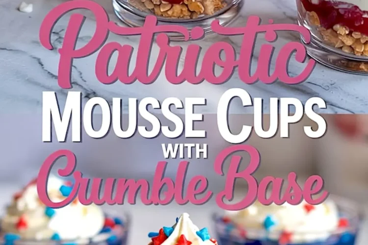 Red, white, and blue mousse cups with crunchy crumble base, each topped with whipped cream and star sprinkles, arranged on a marble surface with scattered decorative sprinkles.
