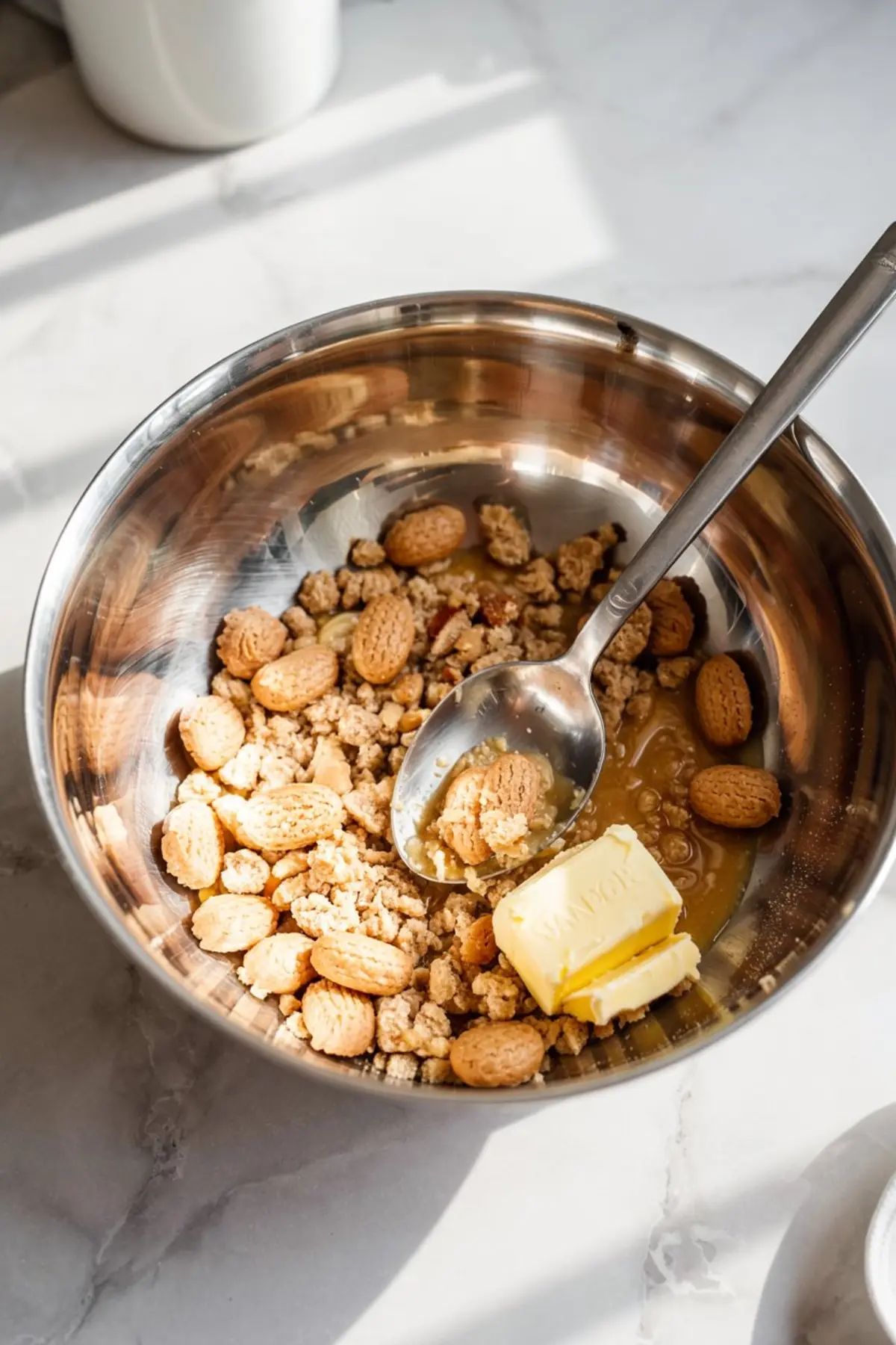 Metal mixing bowl with crushed cookies, whole mini vanilla biscuits, melted butter, and a spoon, prepared as the crumble base for mousse dessert cups.