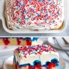Festive red, white, and blue poke cake with fluffy whipped topping and colorful sprinkles, presented in a baking dish and as a cut slice showcasing vivid gelatin patterns inside the soft vanilla cake.