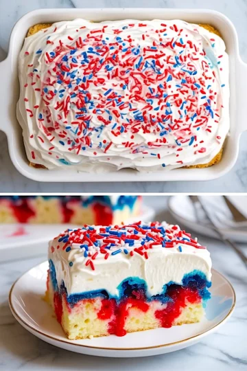 Festive red, white, and blue poke cake with fluffy whipped topping and colorful sprinkles, presented in a baking dish and as a cut slice showcasing vivid gelatin patterns inside the soft vanilla cake.