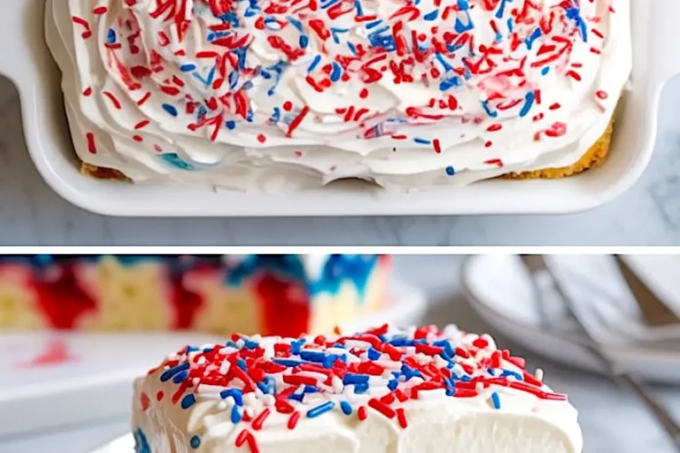 Festive red, white, and blue poke cake with fluffy whipped topping and colorful sprinkles, presented in a baking dish and as a cut slice showcasing vivid gelatin patterns inside the soft vanilla cake.