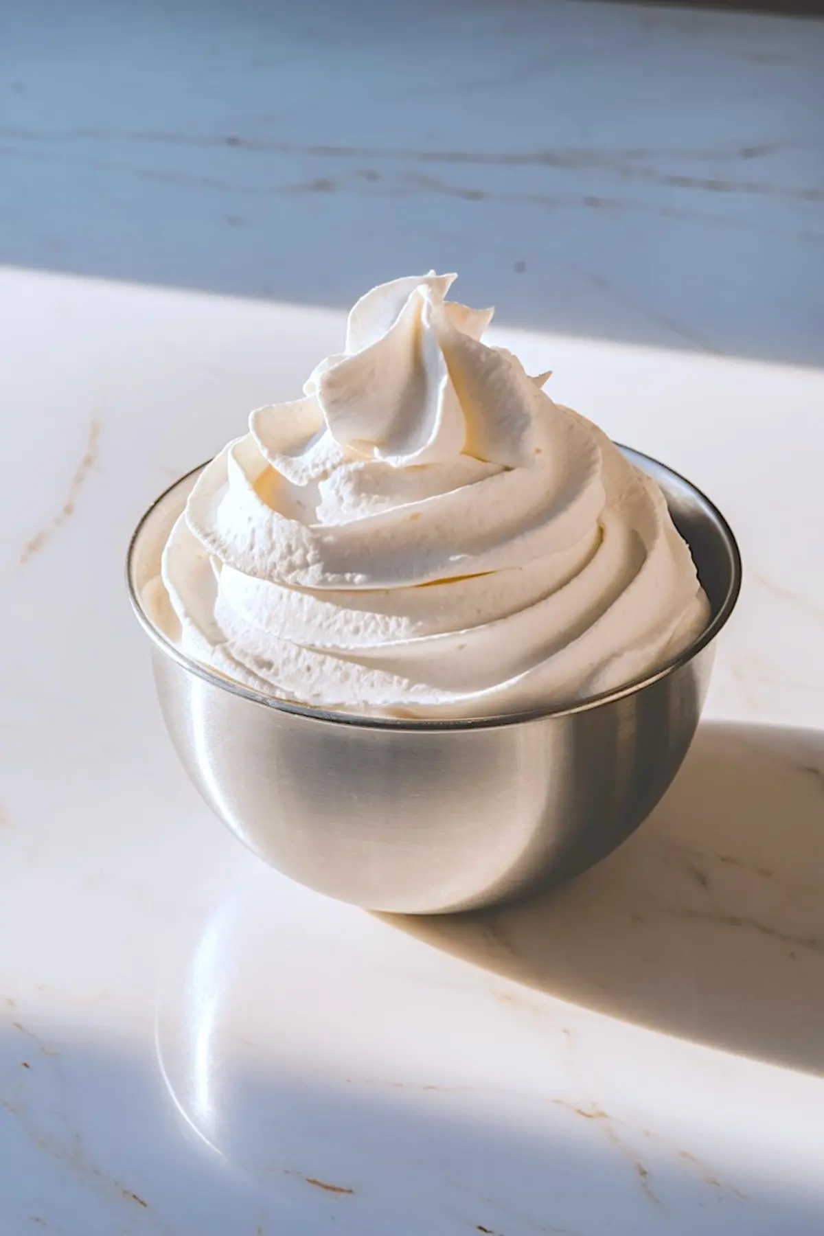 Freshly whipped cream in a stainless steel bowl, swirled to a smooth peak, ready for use as frosting or dessert topping.