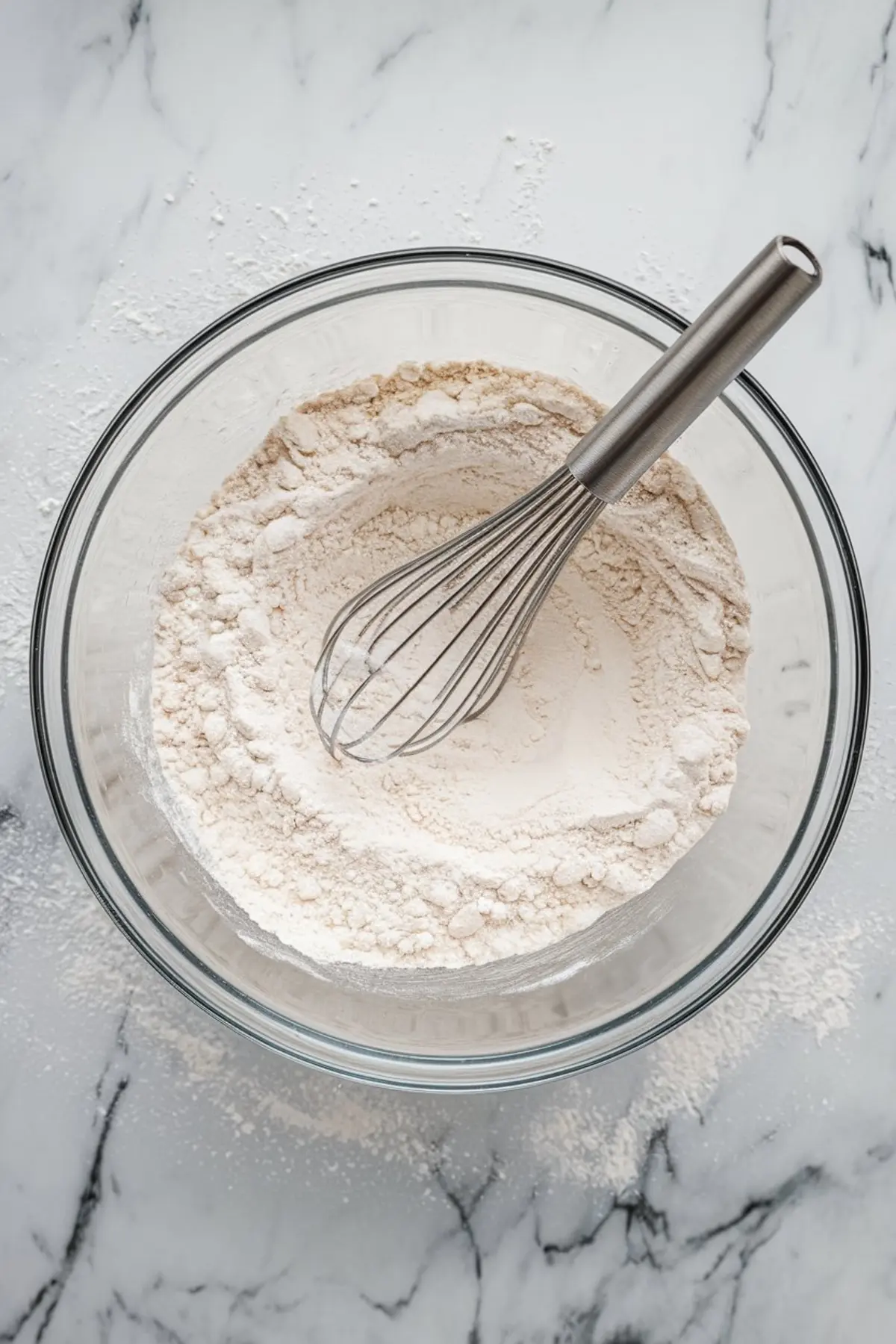 Overhead view of a glass mixing bowl filled with flour being whisked with a stainless steel balloon whisk on a white marble countertop, showcasing baking preparation.
