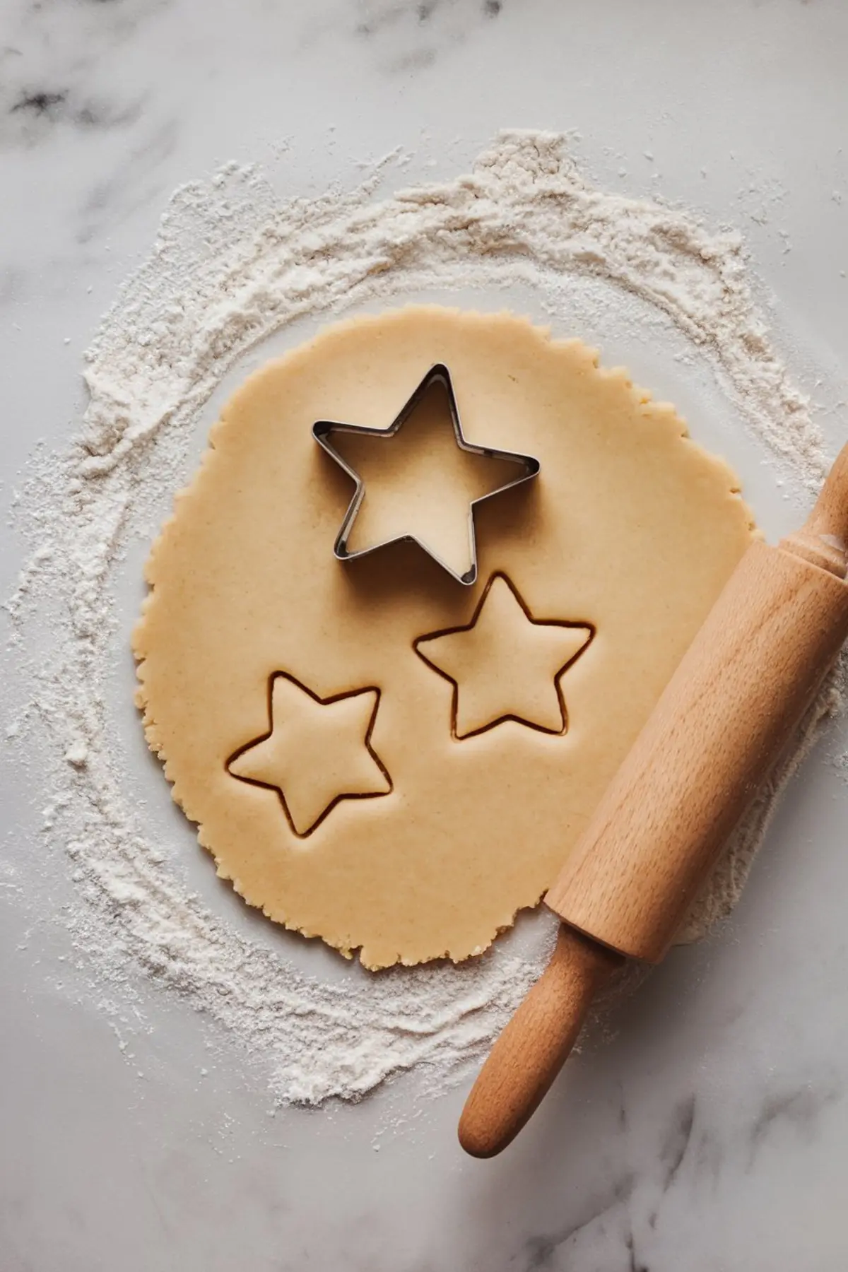 Rolled-out sugar cookie dough on a floured surface with three star shapes cut out using a metal cookie cutter, next to a wooden rolling pin.

