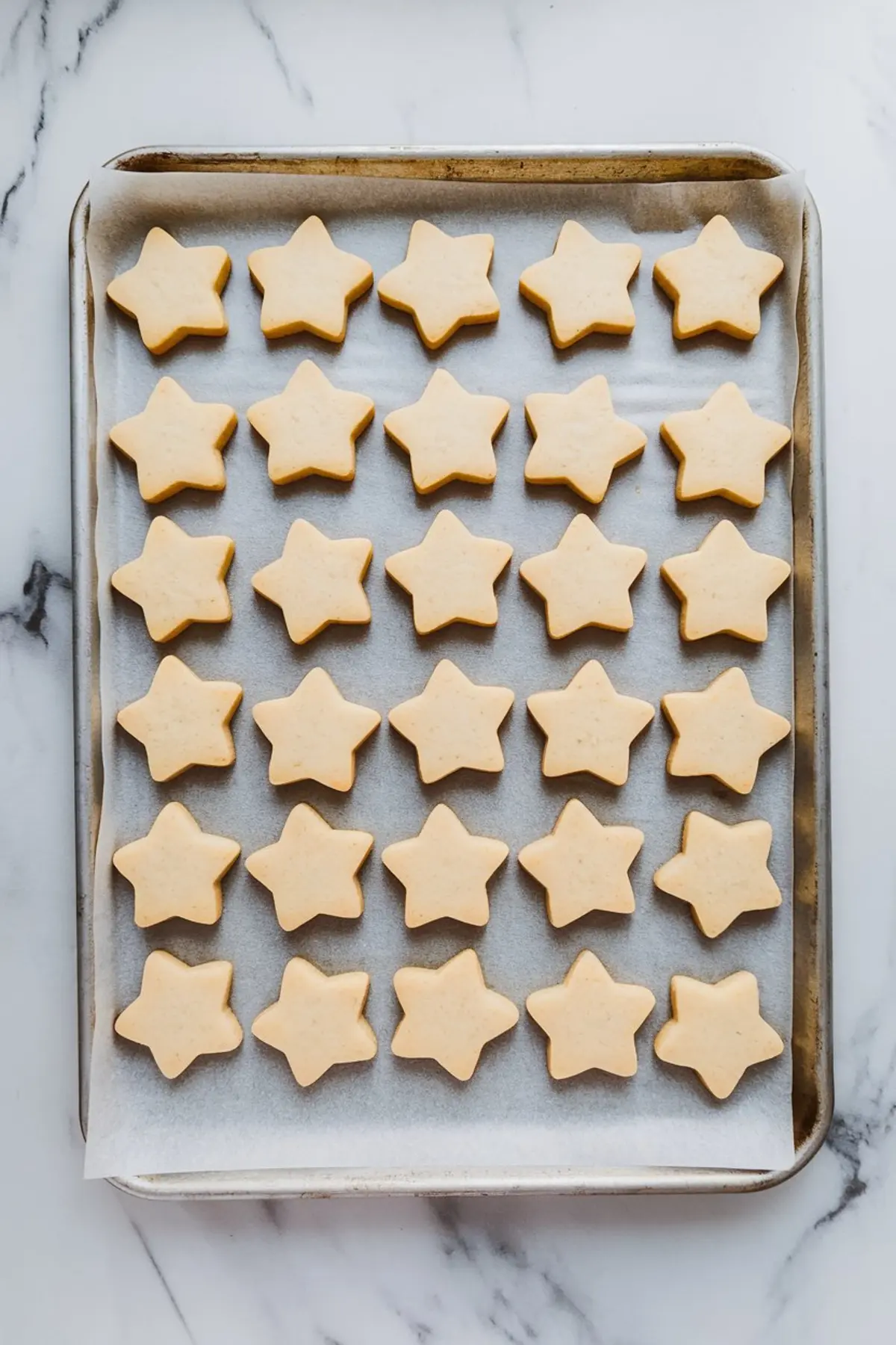 Tray of raw star-shaped sugar cookies evenly arranged on parchment paper, ready for baking on a metal sheet pan over a white marble surface.
