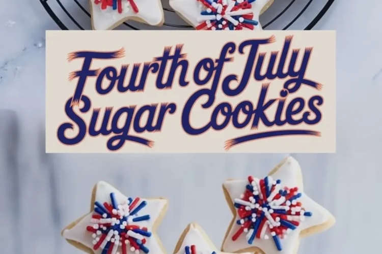 Collage featuring star-shaped sugar cookies with red, white, and blue sprinkle decorations arranged on a wire cooling rack and grouped on lollipop sticks in a glass jar with “Fourth of July Sugar Cookies” text in the center.