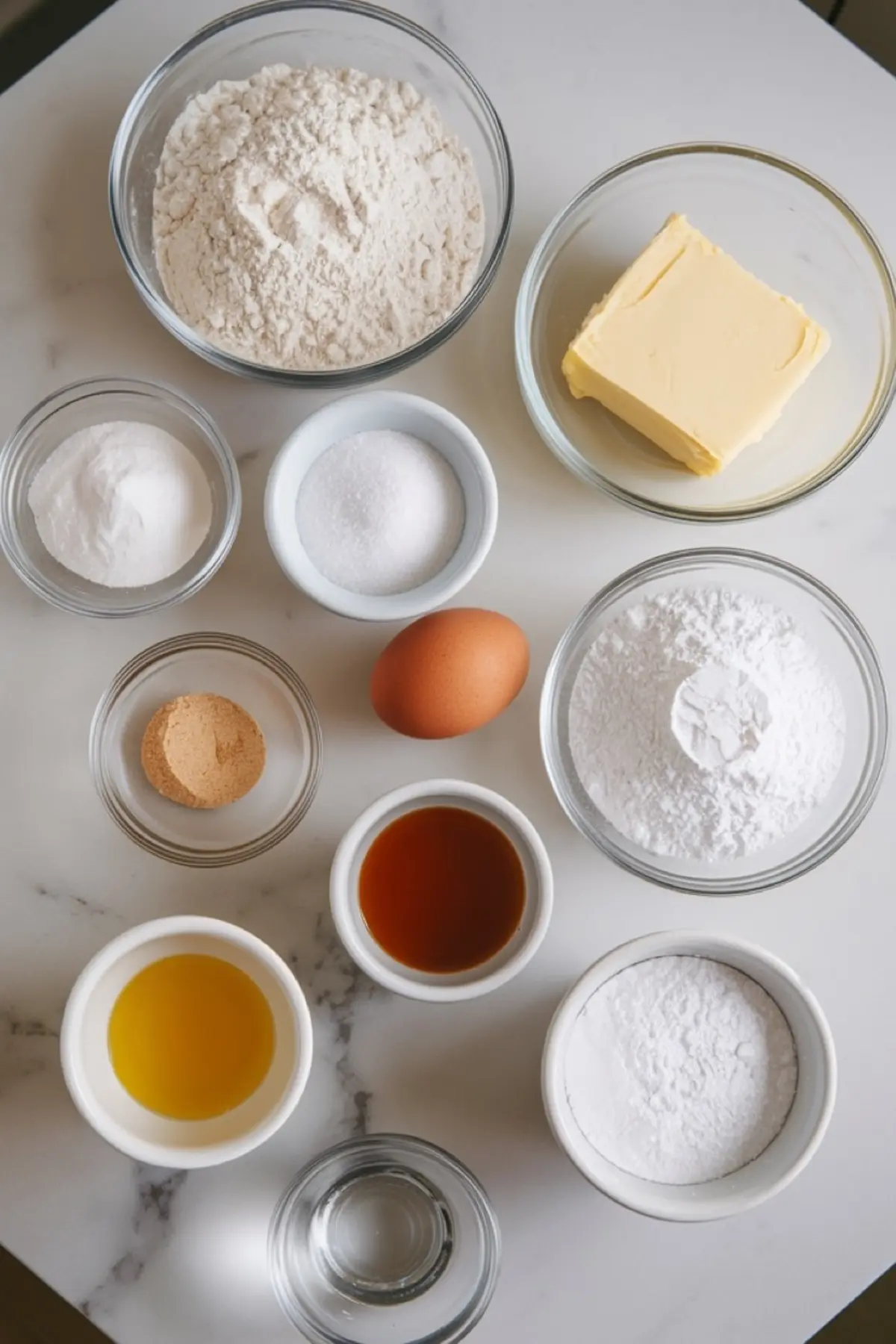 Flat lay of baking ingredients for sugar cookies on a marble surface, including flour, butter, egg, sugar, powdered sugar, vanilla extract, baking soda, and liquid ingredients in small glass bowls.
