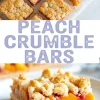 Golden peach crumble bars sliced into squares, topped with peach cobbler crumble topping, and displayed on parchment paper. Close-up of a single dessert bar reveals juicy peach layers with crumbly topping and flaky base. Aesthetic summer dessert featuring Peach Crumb Bars and Peach Desserts With Fresh Peaches.