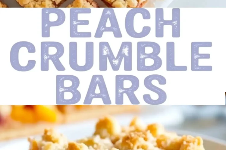 Golden peach crumble bars sliced into squares, topped with peach cobbler crumble topping, and displayed on parchment paper. Close-up of a single dessert bar reveals juicy peach layers with crumbly topping and flaky base. Aesthetic summer dessert featuring Peach Crumb Bars and Peach Desserts With Fresh Peaches.