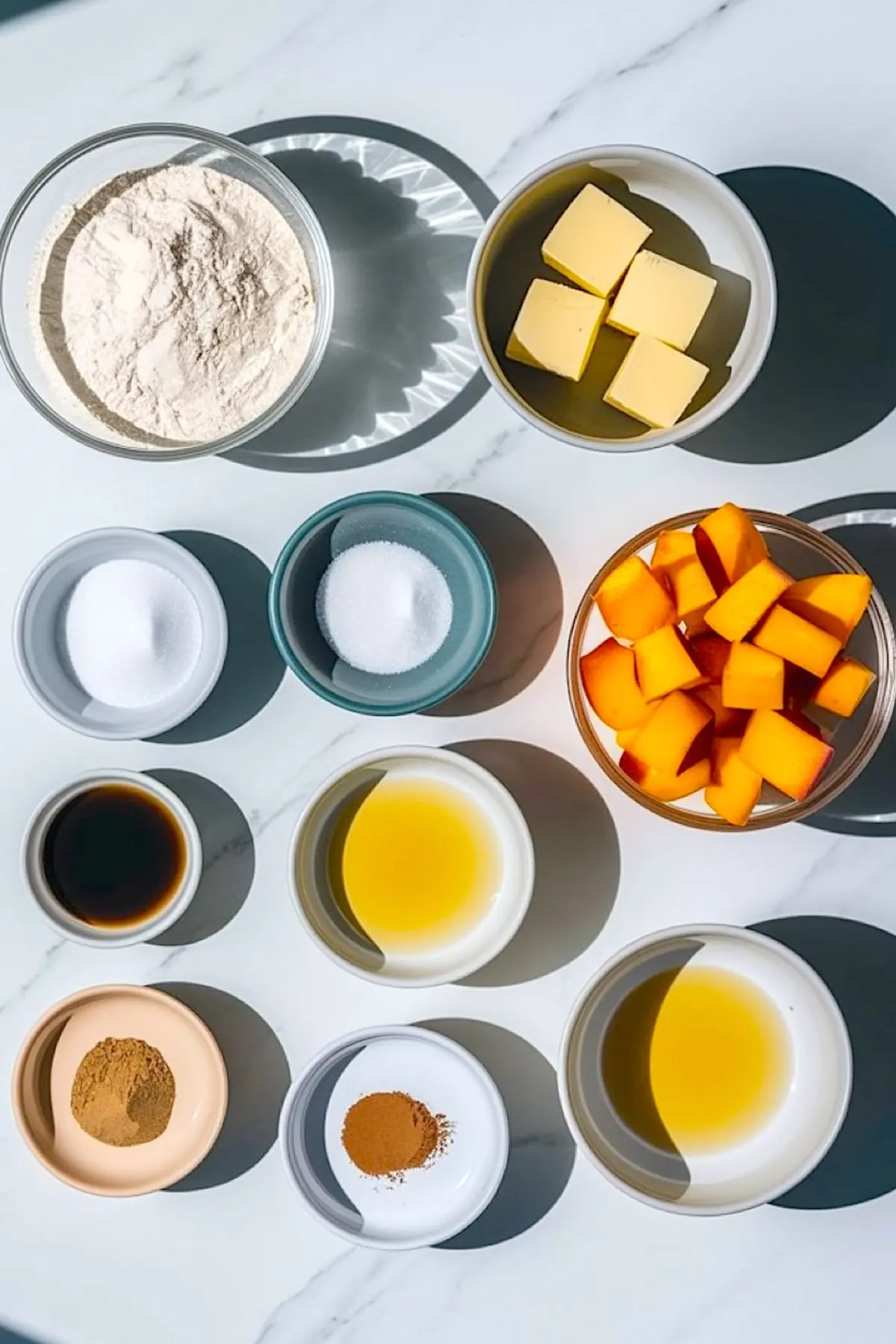 Flat lay of ingredients for peach crumble bars including diced peaches, flour, cubed butter, granulated sugar, cinnamon, vanilla extract, and lemon juice in ceramic bowls. Bright natural lighting enhances the colorful setup, perfect for Peach Crumble Recipe and Peach Desserts With Fresh Peaches inspiration.
