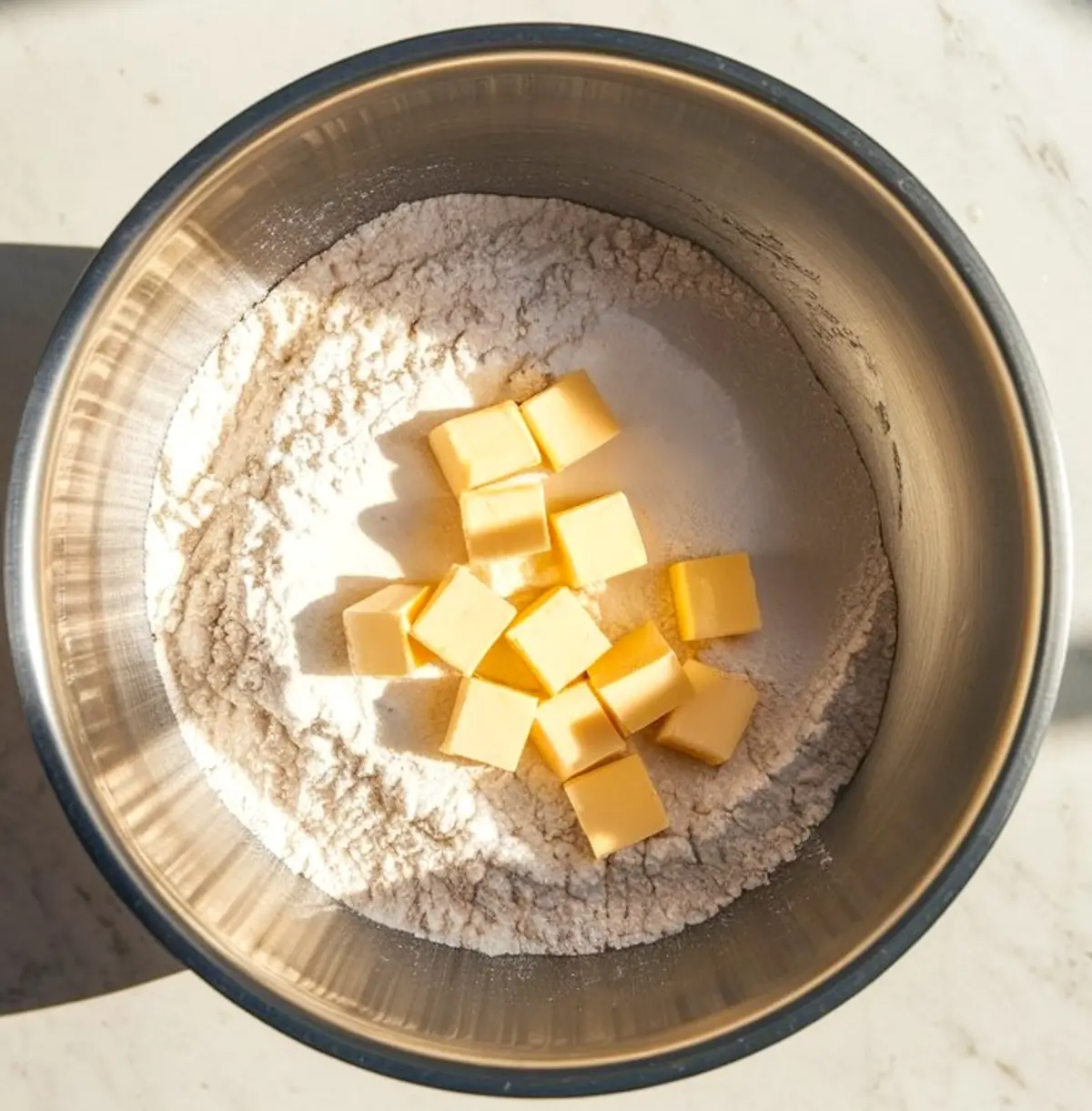 Metal mixing bowl containing flour and cubed butter, lit by sunlight. Prepping the base layer for Peach Crumble Bars and Peach Cobbler Bars. Essential step in many Peach Bars Recipes and dessert bar preparations.
