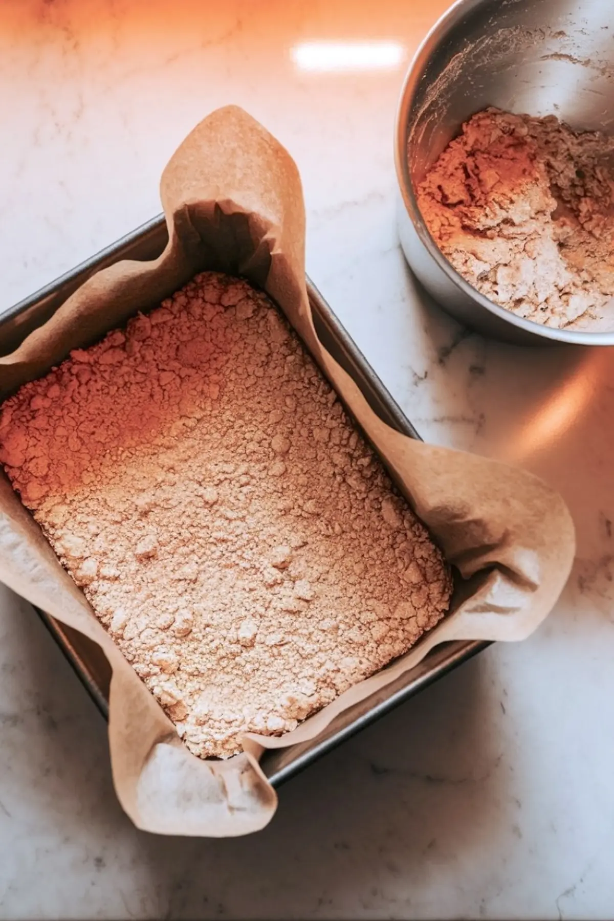Baking pan lined with parchment paper and filled with an even layer of crumble mixture for peach cobbler bars, ready to bake. Mixing bowl with remaining crumb dough beside it on a marble countertop. Great step for Peach Crumble Cheesecake or Lemon Crumble Bars preparation visuals.
