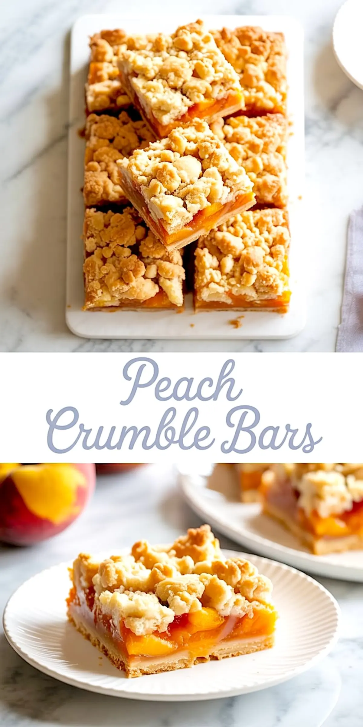 Stacked peach crumble bars on a white serving platter with golden crumb topping and peach filling. Below, a single slice is served on a white plate, highlighting vibrant fruit and rich crust. Showcases Peach Crumb Bars, Peach Cobbler Bars, and Peach Desserts With Fresh Peaches.
