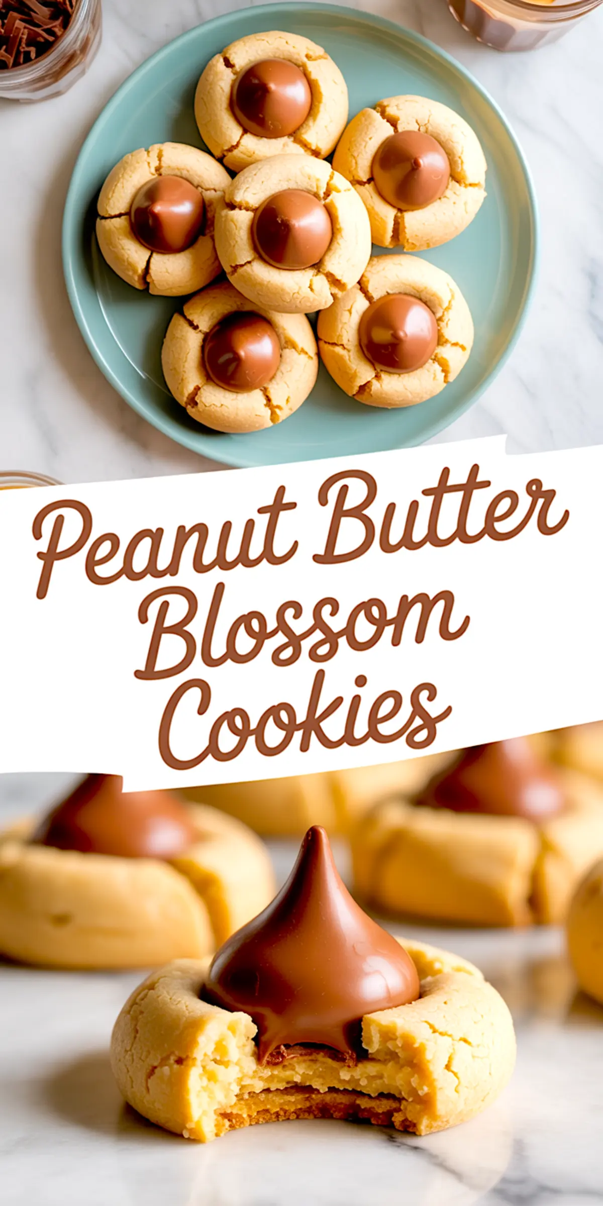 Top view of a plate with baked peanut butter blossom cookies and a bitten cookie in front, text overlay in script reads “Peanut Butter Blossom Cookies”.
