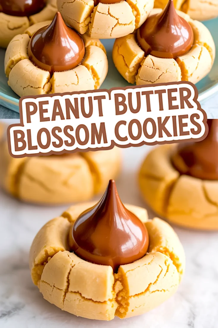 Close-up of baked peanut butter blossom cookies with cracked edges and melted chocolate kisses in the center, text overlay reads “Peanut Butter Blossom Cookies”.