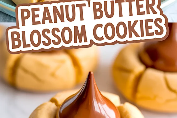 Close-up of baked peanut butter blossom cookies with cracked edges and melted chocolate kisses in the center, text overlay reads “Peanut Butter Blossom Cookies”.