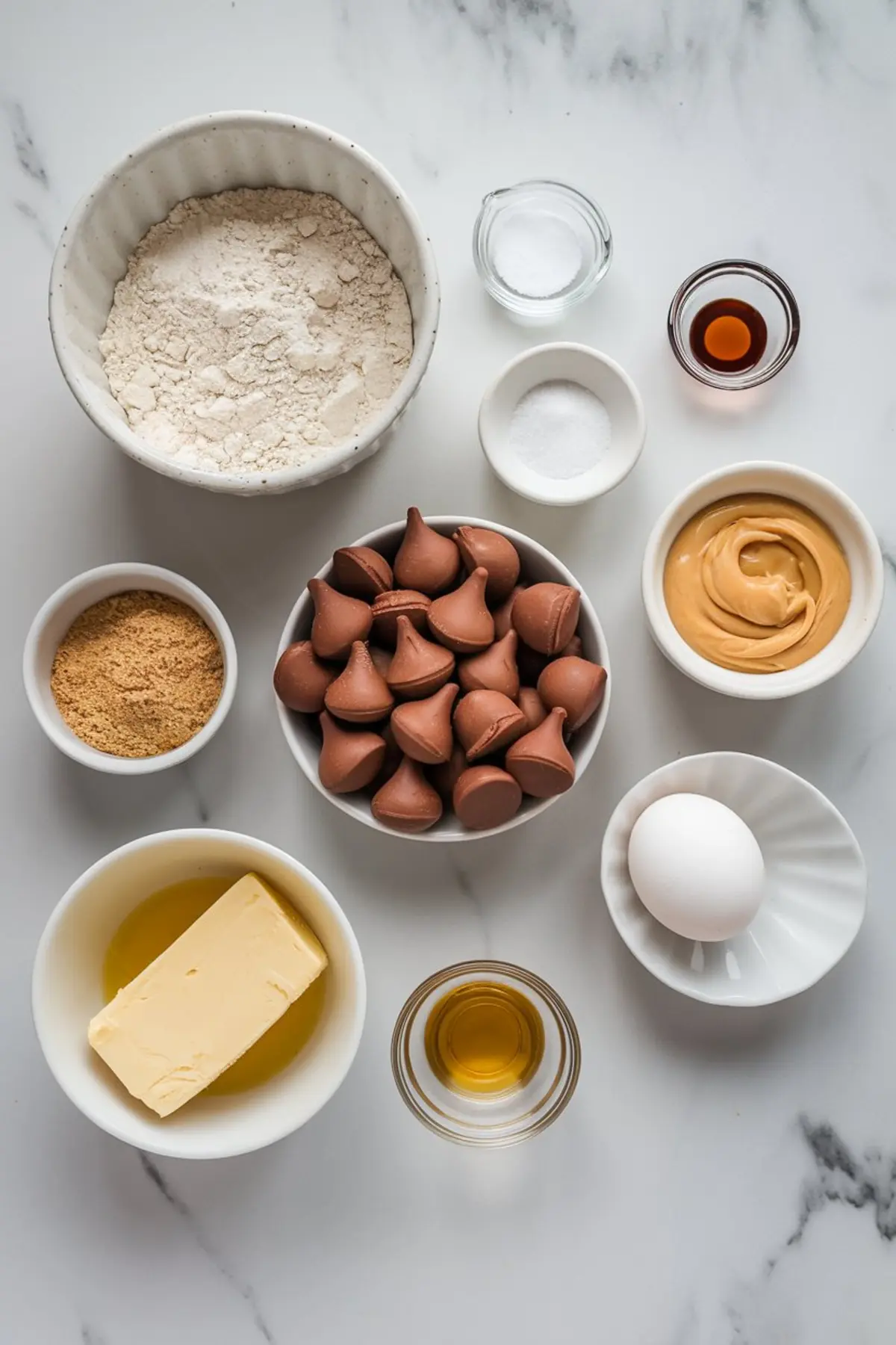 Flat lay of peanut butter blossom cookie ingredients including flour, salt, baking soda, vanilla extract, peanut butter, chocolate kisses, butter, egg, brown sugar, and granulated sugar arranged on a white marble surface.