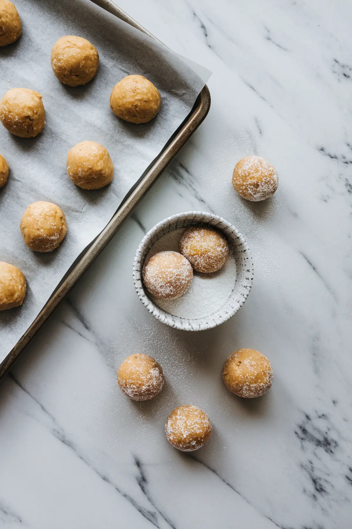 Unbaked peanut butter cookie dough balls on a parchment-lined baking sheet with some coated in sugar on a floured marble background.