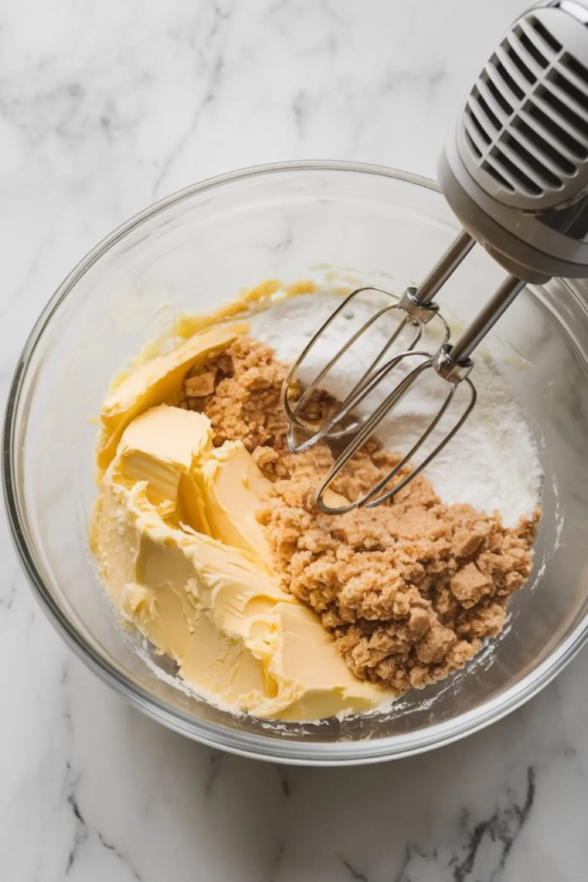 Glass mixing bowl with softened butter, brown sugar, and powdered sugar being creamed with an electric hand mixer on a marble countertop.