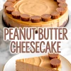 Creamy peanut butter cheesecake on a marble background, decorated with a ring of mini peanut butter cups, served with a slice on a white plate.